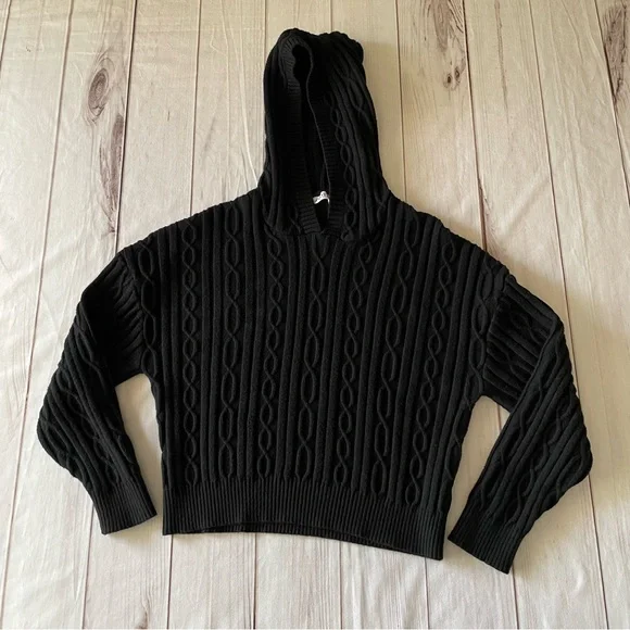 Cloth by Design Cozy Cable Knit Sweater Hoodie Womens L Black Cropped Super Soft - Picture 1 of 10